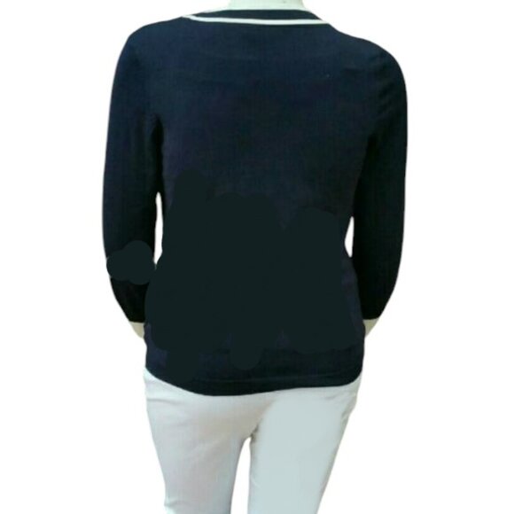 Ralph Lauren Sweater Cardigan Silk V Neck Navy Ivory Preppy Office Nautical S - Picture 2 of 14